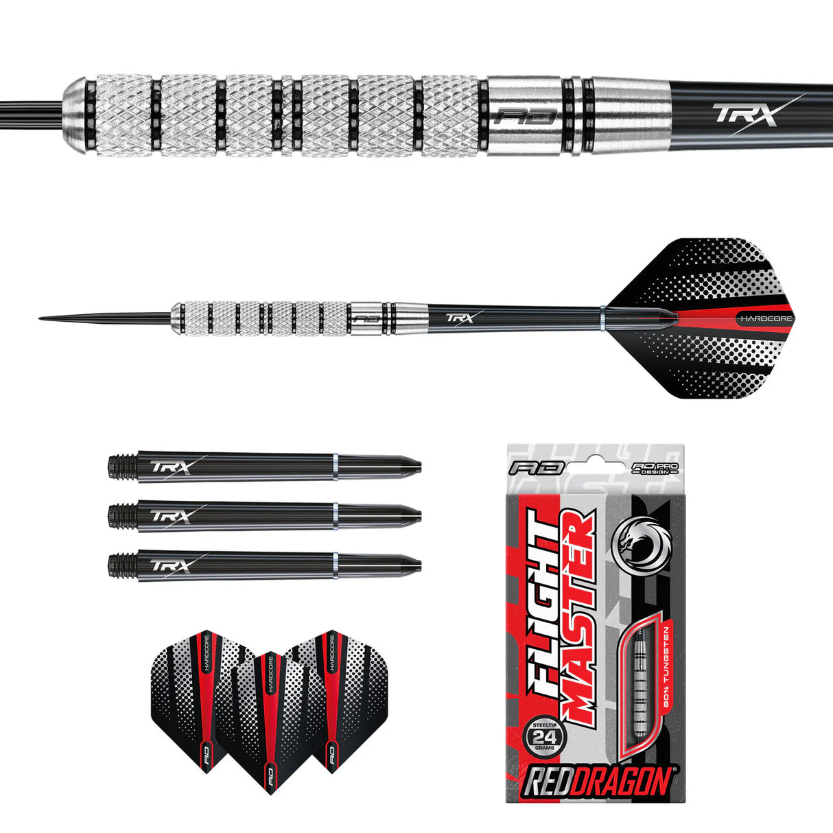 Flat lay of tungsten steel tip darts kit with barrel knurling close-up, spare shafts, red and black flights, and retail box