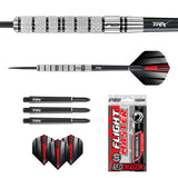 Flat lay of tungsten steel tip darts kit with barrel knurling close-up, spare shafts, red and black flights, and retail box