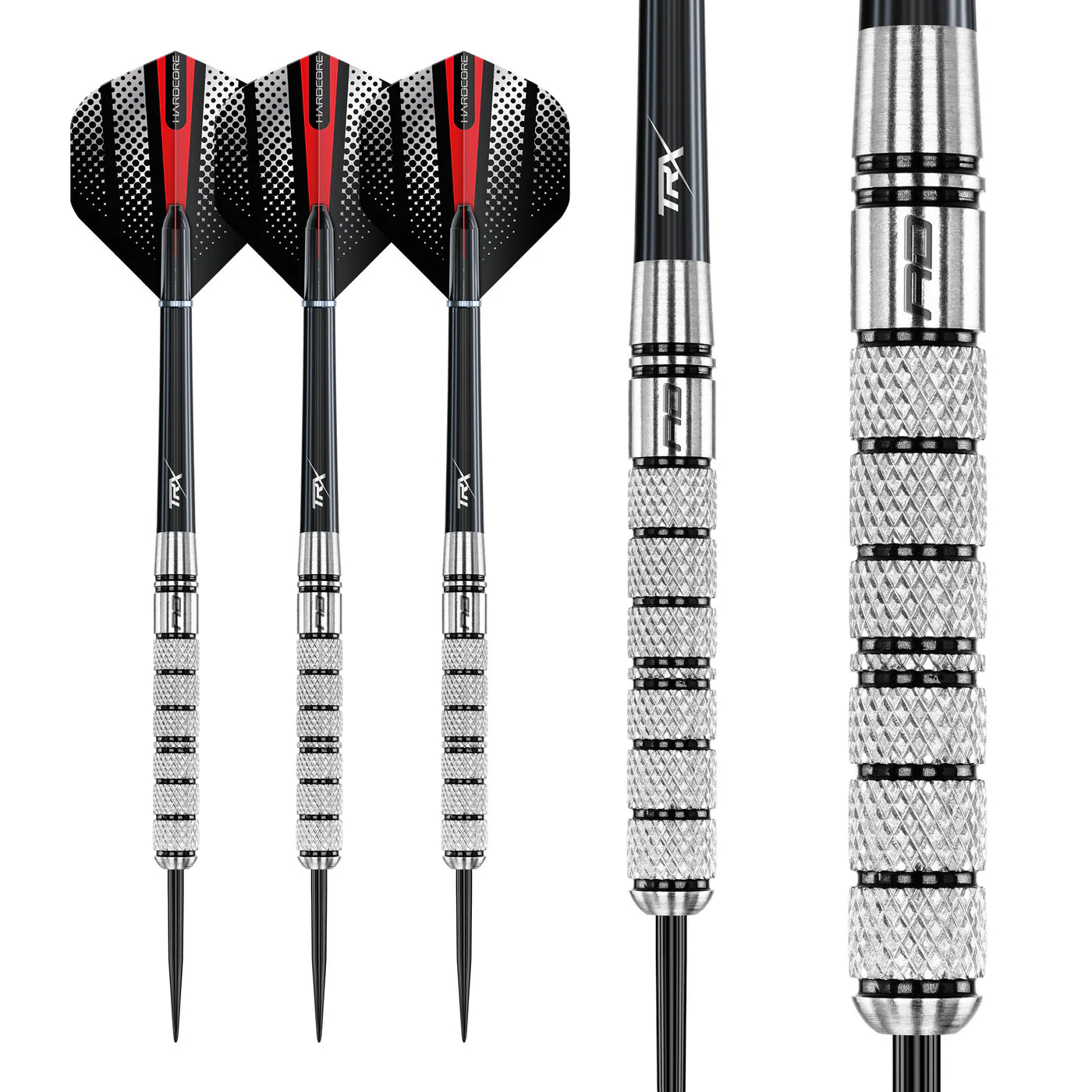 80% tungsten darts set showing knurled barrel grip close-up and full dart views with black and red flights on white background