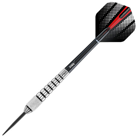 Angled full view tungsten dart with knurled silver grip, black shaft, and red-black patterned flight on white background