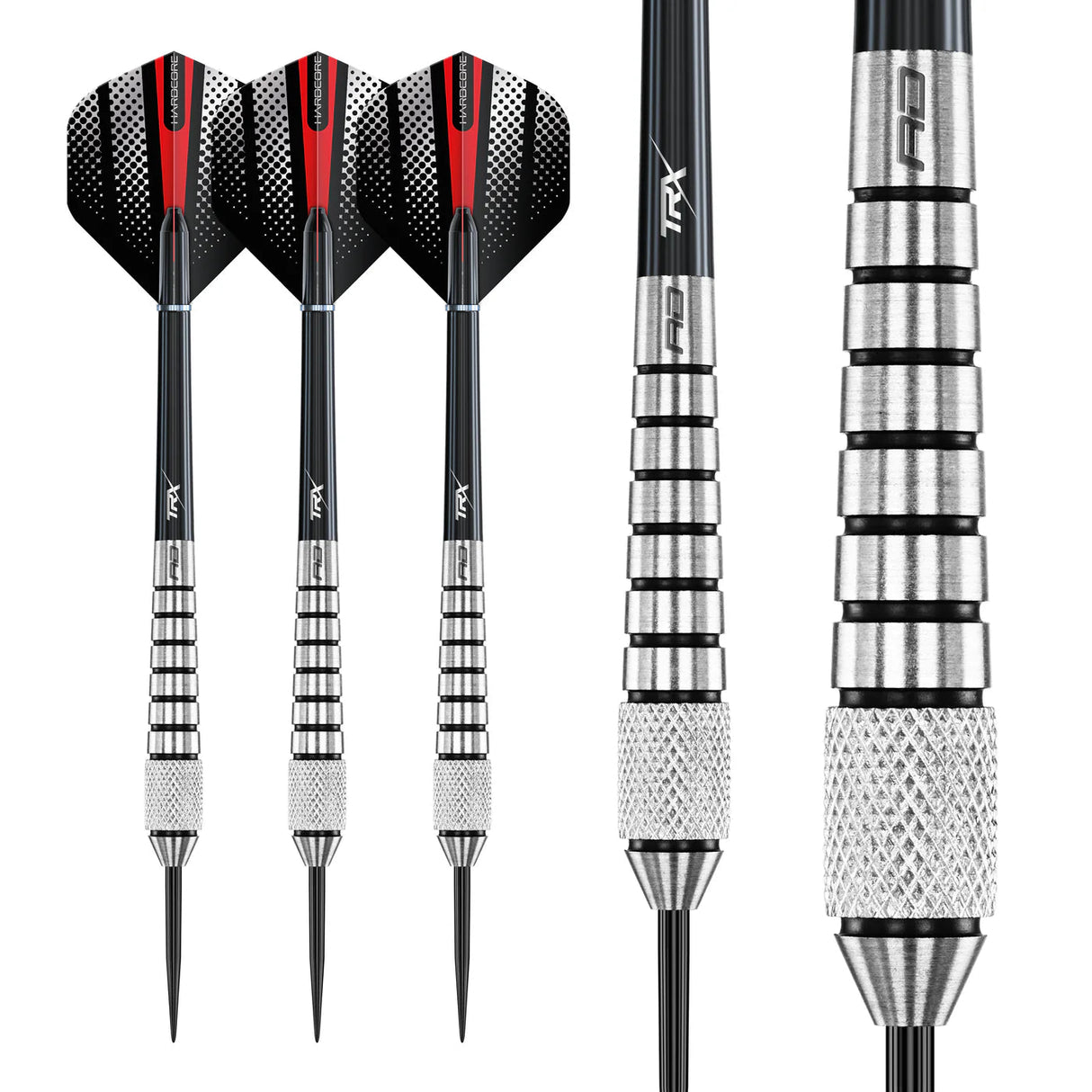Steel tip darts set with three full flight views and two close-ups highlighting 80% tungsten knurled grip and ringed barrel, isolated on white