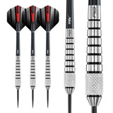 Steel tip darts set with three full flight views and two close-ups highlighting 80% tungsten knurled grip and ringed barrel, isolated on white