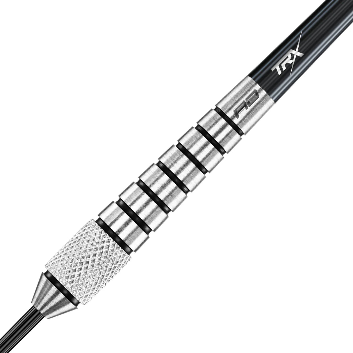 Close-up of 80% tungsten dart barrel with milled rings and knurled grip, precision detail for dart players, isolated on white