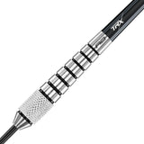 Close-up of 80% tungsten dart barrel with milled rings and knurled grip, precision detail for dart players, isolated on white