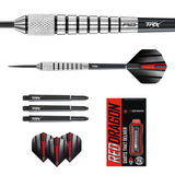 Steel tip tungsten darts set with close-up barrel grip, shafts, flights, and packaging displayed on white background