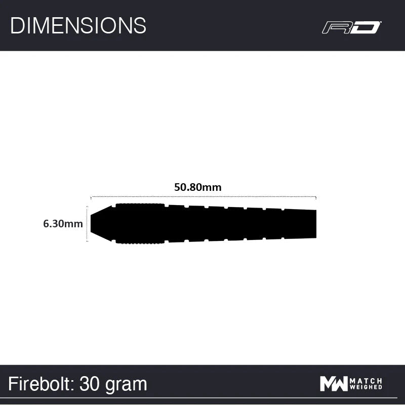 Firebolt tungsten dart barrel top-down silhouette with 50.80mm length and 6.30mm diameter measurements, 30 gram weight