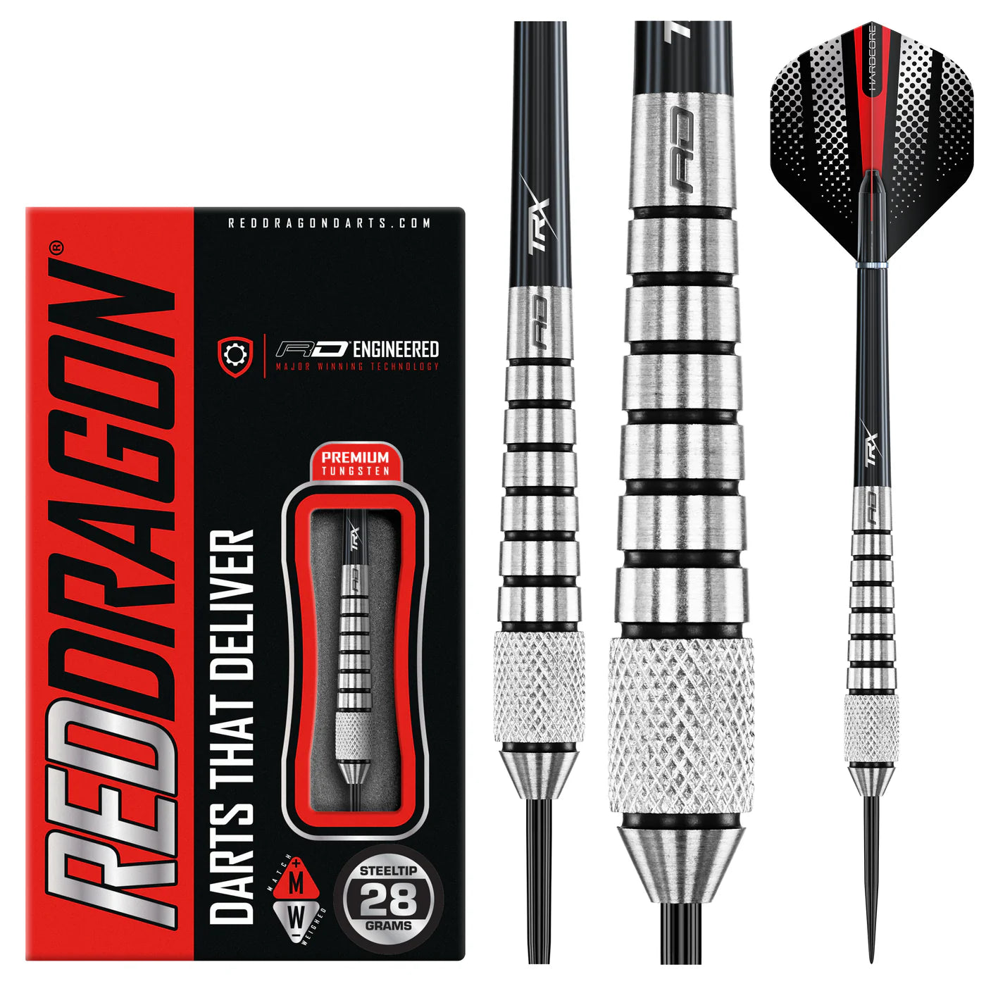 Steel tip tungsten darts set shown in retail packaging and isolated views, highlighting knurled grip barrel and black-red flights.