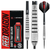 Steel tip tungsten darts set shown in retail packaging and isolated views, highlighting knurled grip barrel and black-red flights.