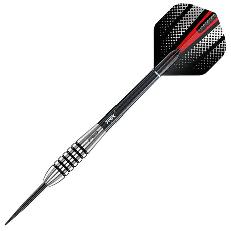 Angled full view of 80% tungsten dart with grooved grip barrel and black-red patterned flight on white background