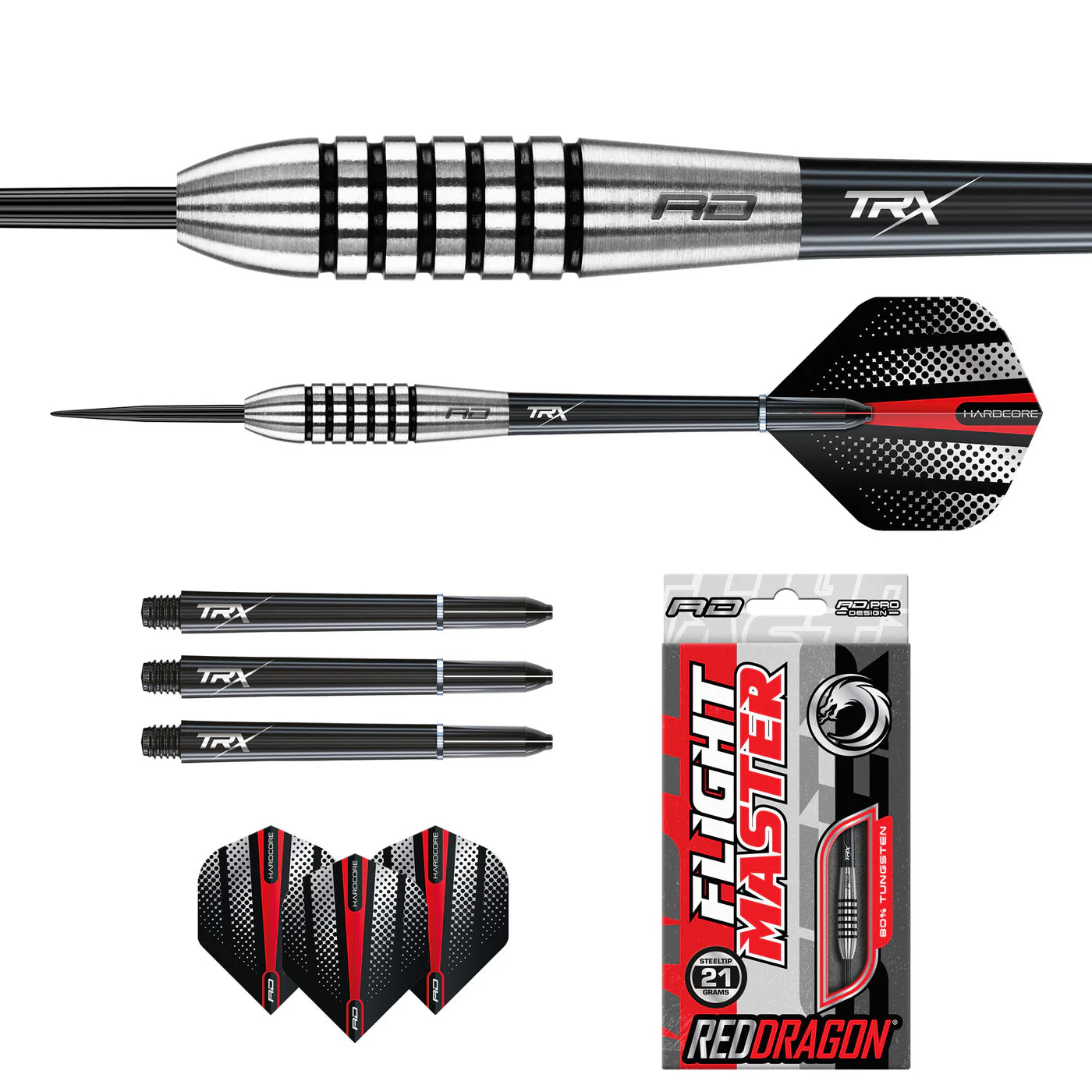 Full dart set layout with knurled tungsten barrels, extra shafts and flights, plus retail packaging for 80 percent tungsten darts