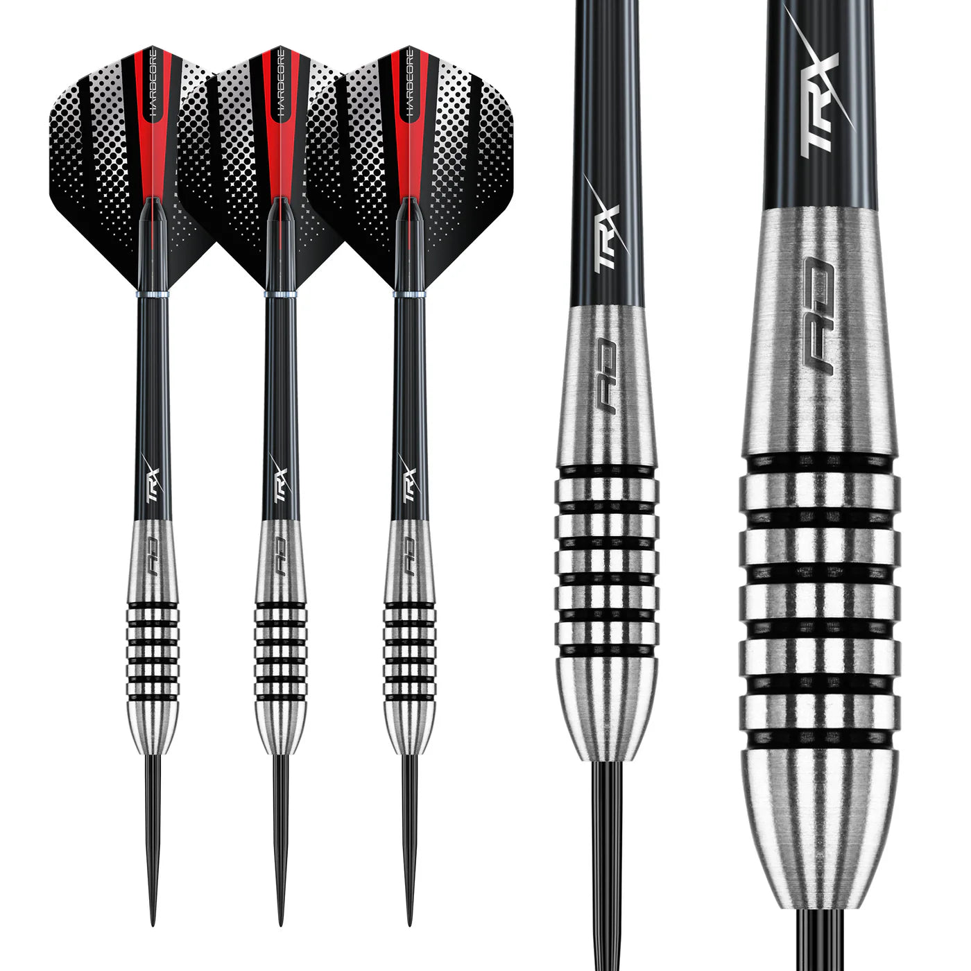 80% tungsten darts set with black grooved barrels, precision grip detail, and red-black flights, close-up and full view on white background
