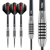 80% tungsten darts set with black grooved barrels, precision grip detail, and red-black flights, close-up and full view on white background