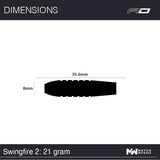 Dart barrel dimensions diagram, 35.6mm length, 8mm diameter, side silhouette for tungsten dart buyers