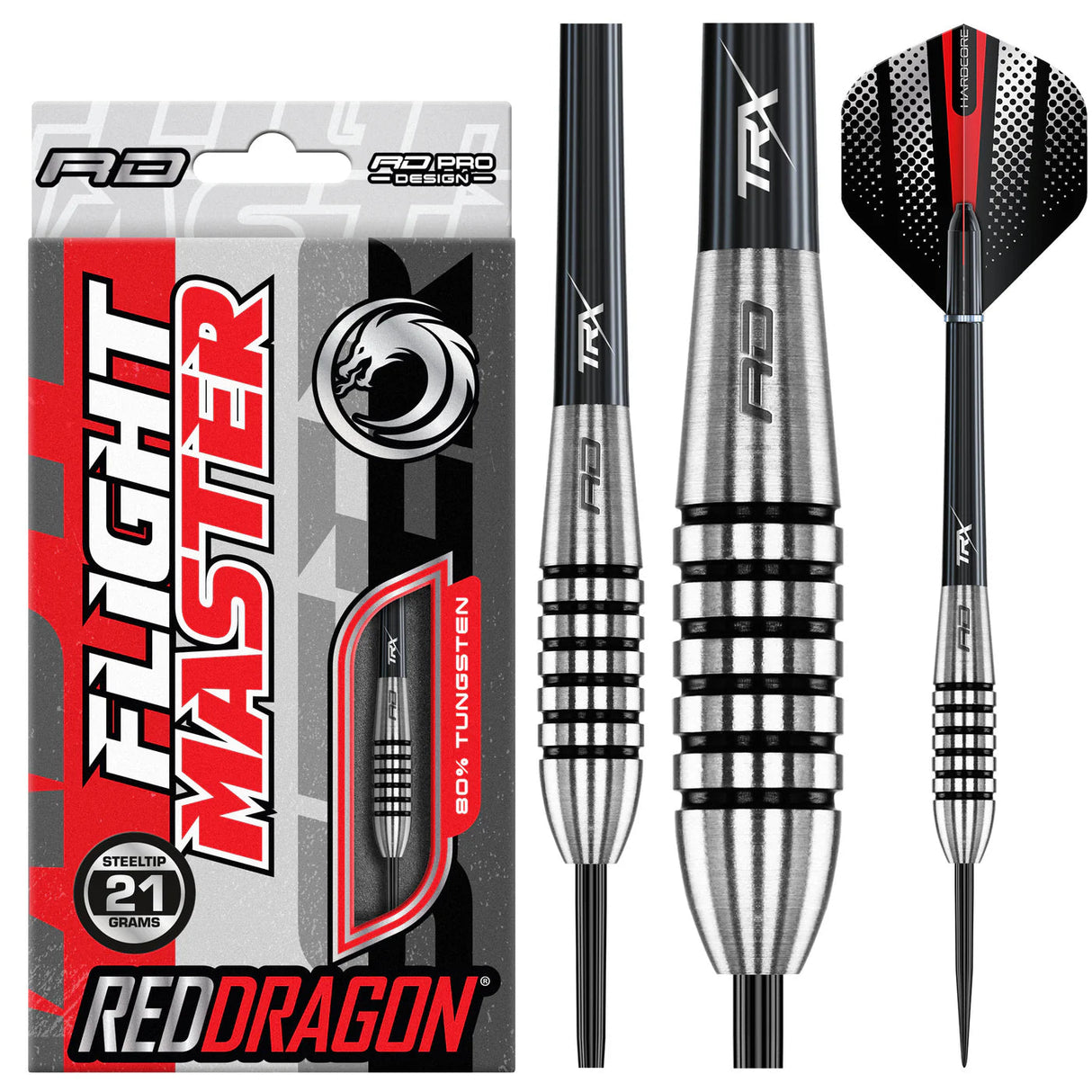 Steel tip tungsten darts with ringed grip, included packaging, detailed barrel close-up and flight design on white background
