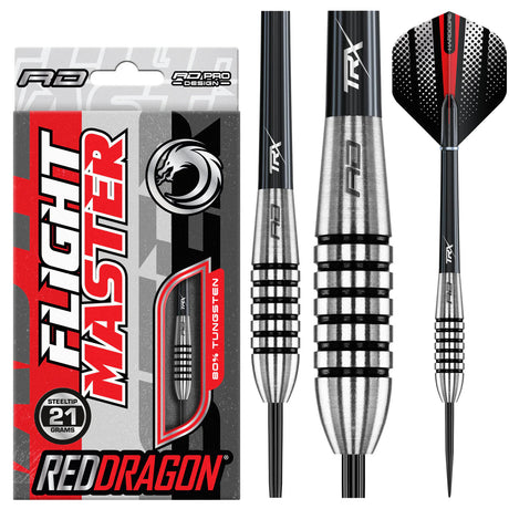 Steel tip tungsten darts with ringed grip, included packaging, detailed barrel close-up and flight design on white background