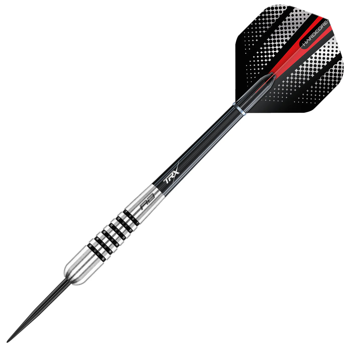Torpedo-shaped tungsten dart with black grip rings and red-black flights, full product view on white background