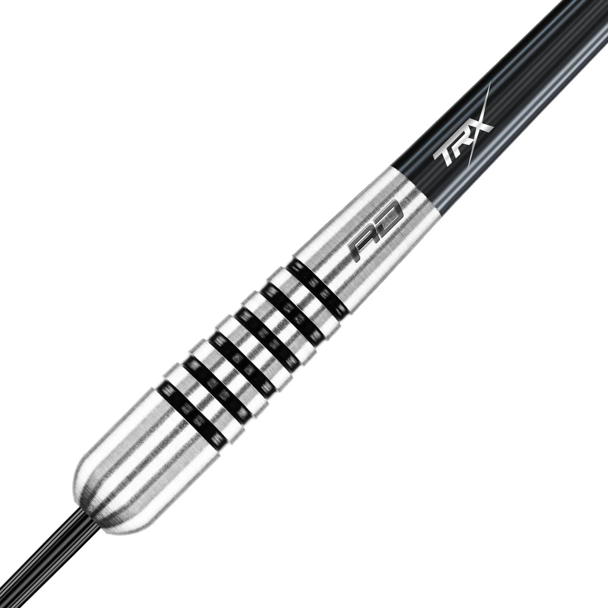 Close-up angled view of tungsten dart barrel with precision grip rings and TRX engraving, ideal for dart players seeking control.