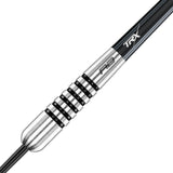 Close-up angled view of tungsten dart barrel with precision grip rings and TRX engraving, ideal for dart players seeking control.