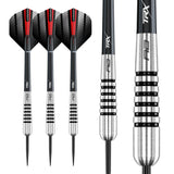Three tungsten darts with torpedo barrels, black and red flights, plus close-up of ringed grip texture and engraved details on white background