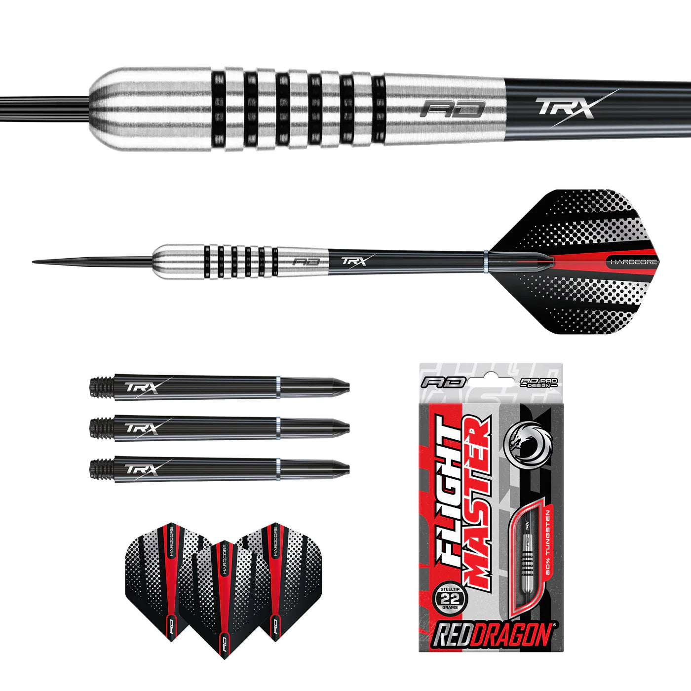 Full product display of 80% tungsten torpedo darts set, showing knurled barrel close-up, flights, shafts, and retail packaging, isolated on white