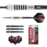 Full product display of 80% tungsten torpedo darts set, showing knurled barrel close-up, flights, shafts, and retail packaging, isolated on white
