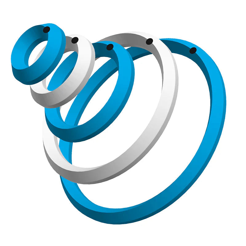 Angled view of four blue and white dart practice rings with target dots, isolated on white background, showing size progression