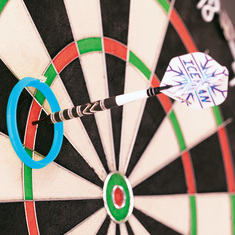 Close-up angled view of practice ring and dart on dartboard, highlighting barrel grip and Iceman flight for accurate dart training.