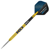 Full view tungsten dart with gold barrel, blue accent grip, and blue patterned flight, isolated on white background