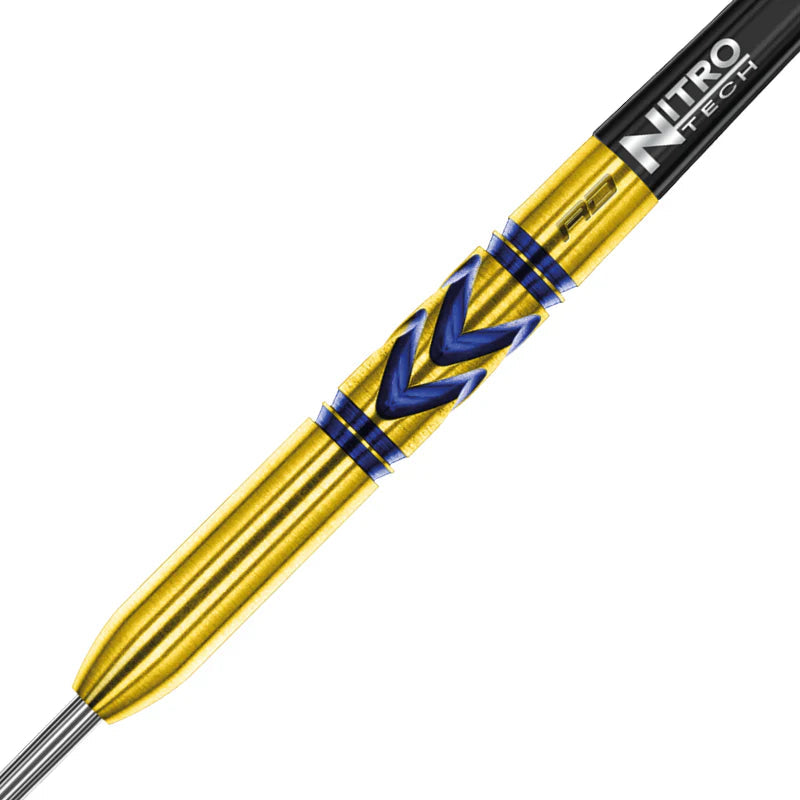 Close-up of gold tungsten dart barrel with blue chevron grip and ringed detailing, isolated on white, showing textured dart grip design