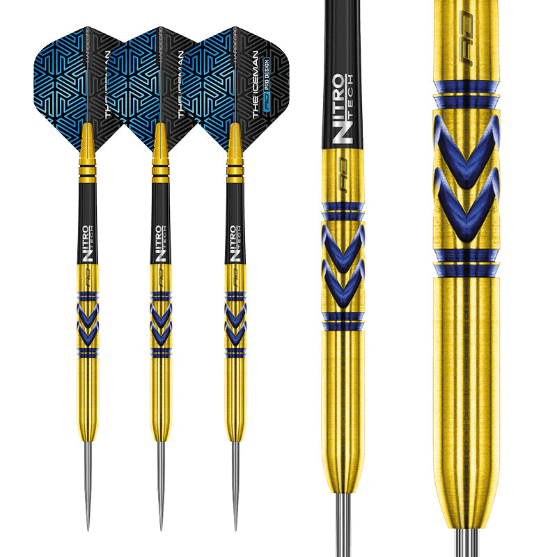 Three gold 90% tungsten darts with blue grips and patterned flights shown next to a close-up of barrel traction and engraved chevrons