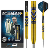 Gold and blue tungsten darts with textured grip shown in full product view, packaging, and close-up details, ideal for steeltip dart buyers