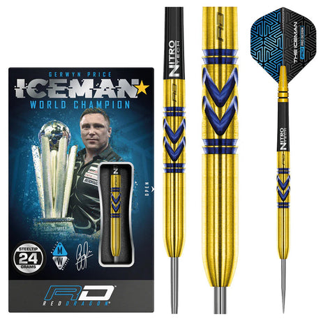Gold and blue tungsten darts with textured grip shown in full product view, packaging, and close-up details, ideal for steeltip dart buyers