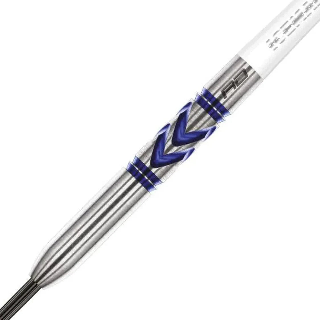 Close-up angled view of tungsten dart barrel with blue chevron grip and smooth silver detailing for optimal grip