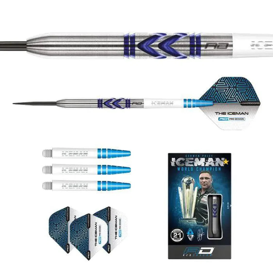 Top-down view of Gerwyn Price Avalanche Pro tungsten darts set with assembled dart, extra shafts, flights, and boxed packaging.