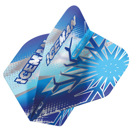 Angled close-up of three Gerwyn Price blue flake dart flights with ICEMAN text and snowflake pattern for dart setup