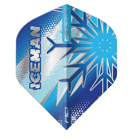 Gerwyn Price Blue Flake Hardcore No.2 dart flight full view, blue snowflake pattern, ICEMAN text, isolated on white