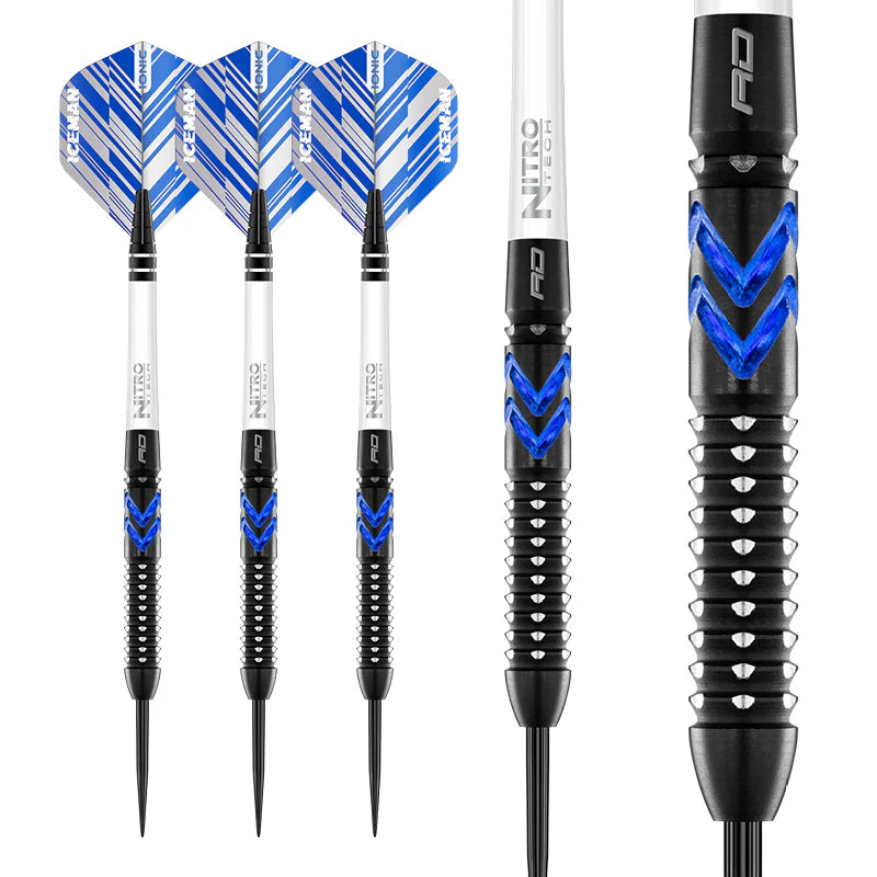 Tungsten darts set with blue chevron barrel grip, aligned flights, and close-up showing knurled texture and precision tip