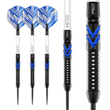 Tungsten darts set with blue chevron barrel grip, aligned flights, and close-up showing knurled texture and precision tip