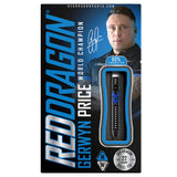 Gerwyn Price Blue Ice 90% tungsten dart in retail box, clear window displaying steel tip barrel, 22g weight, professional darts equipment
