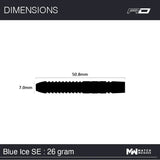 Dart barrel side profile with 50.8mm length and 7.0mm diameter, showing scale reference for tungsten darts, Blue Ice SE 26 gram.