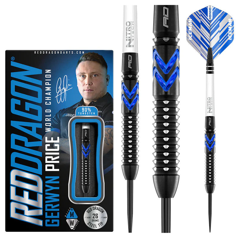 Special edition 90% tungsten darts set with packaging, black and blue grip texture, full dart and close-up barrel features on white background