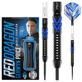 Special edition 90% tungsten darts set with packaging, black and blue grip texture, full dart and close-up barrel features on white background