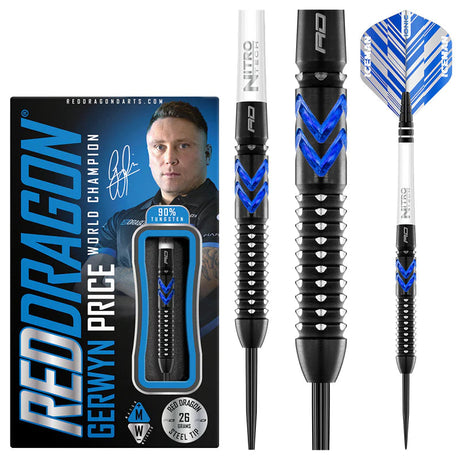 Special edition 90% tungsten darts set with packaging, black and blue grip texture, full dart and close-up barrel features on white background