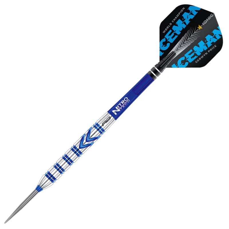 Full view of Gerwyn Price 90% tungsten dart showing blue chevron grip, Nitro Tech shaft, and Iceman black and blue flight on white background