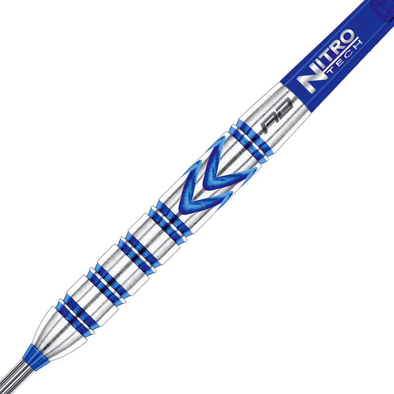 Close-up of tungsten dart barrel showing blue chevron grip texture and ringed detail, isolated on white background