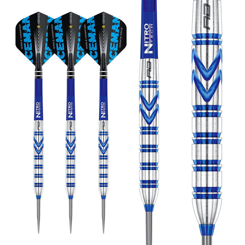 Three tungsten darts with blue grooves and ringed barrels shown on white background, detailed close-up highlights precision grip texture design.