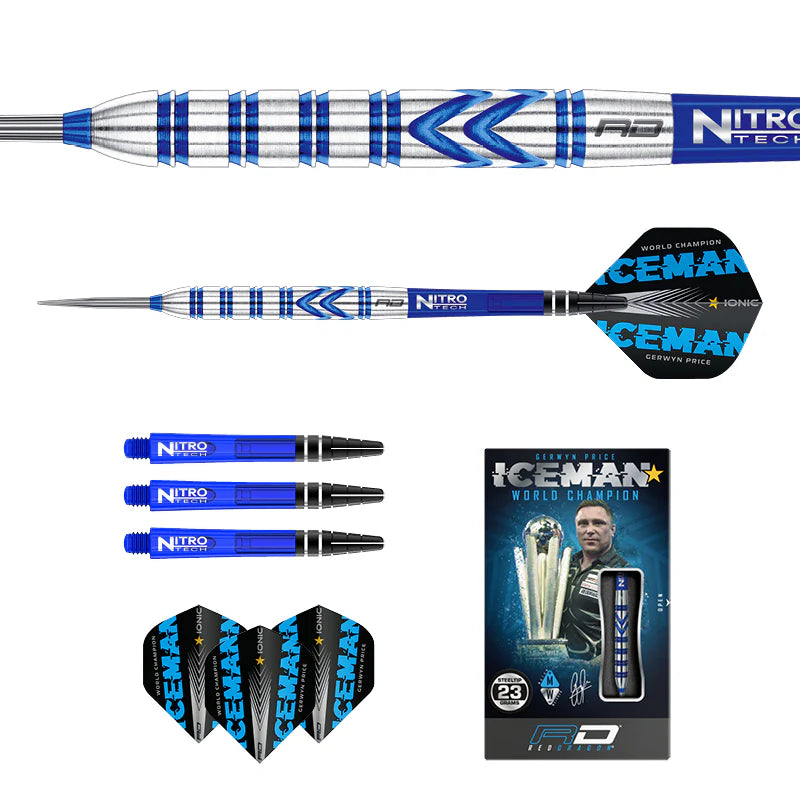 Full set of Gerwyn Price blue tungsten darts with close-up barrel detail, spare shafts, flights, and retail packaging on white background