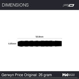 Dart barrel side view on white background with scale, showing 50.8mm length and 6.85mm diameter, ideal for tungsten dart buyers