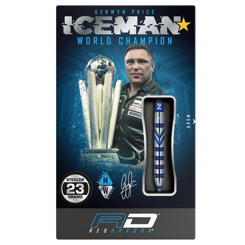 Steel tip tungsten dart in retail packaging with 23 grams weight, blue highlights, and champion endorsement on box front