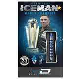 Steel tip tungsten dart in retail packaging with 23 grams weight, blue highlights, and champion endorsement on box front